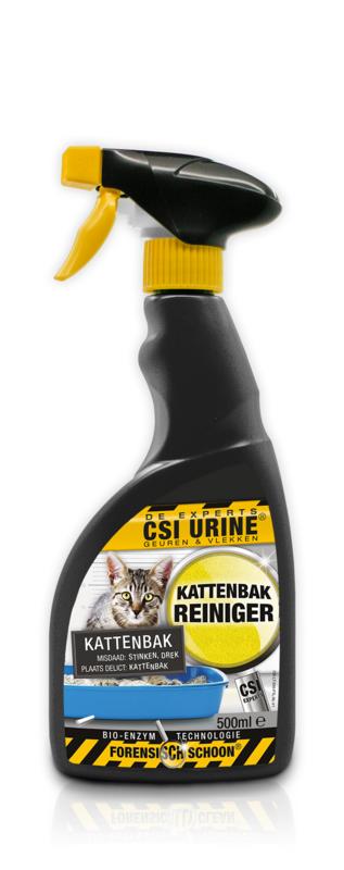 Csi Urine kattenbak spray in 500ml bottle, cleaning spray for cat litter boxes, with label and spray nozzle visible.