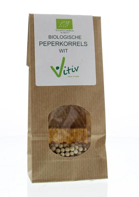 Vitiv organic white peppercorns in a 40g package, natural spice for cooking and seasoning.