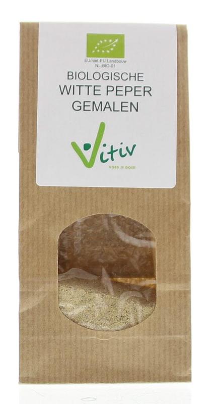 Vitiv Peper wit gemalen bio kruiden in 40g container, part of kruiden, zouten en maaltijdmixen collection.