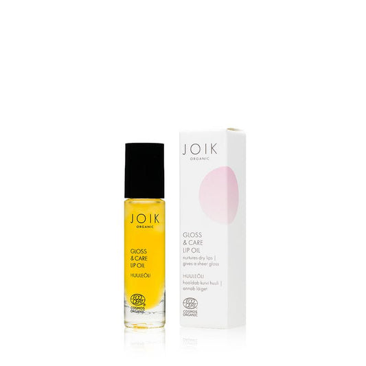 Joik Organics Gloss & Care Lip Oil in 10ml bottle, featuring a clear, glossy finish, designed for nourishing lip care.