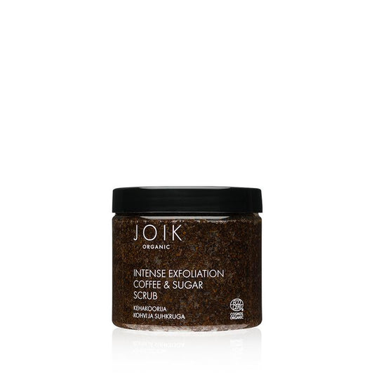 Joik Organics Intense exfoliation coffee and sugar scrub for body care, vegan formula in 180g jar with coffee and sugar texture