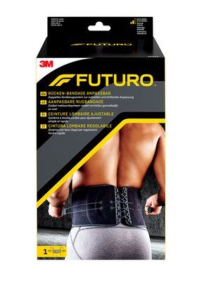 Futuro adjustable fabric bandage for support and compression, shown in packaging with size 1.00, ideal for sports and injuries.