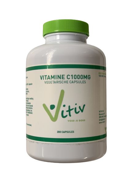 Vitiv Vitamine C1000 capsules, dietary supplement in a bottle, showing the label with capsules inside.