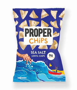 Proper Chips sea salt gluten-free chips in a 20g bag, showing crispy golden chips with sea salt seasoning.