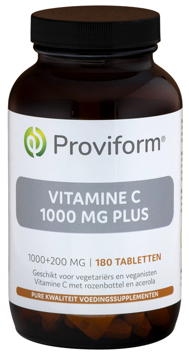 Proviform Vitamin C 1000mg supplement bottles with 180 tablets, showing the label and tablets on a white background.