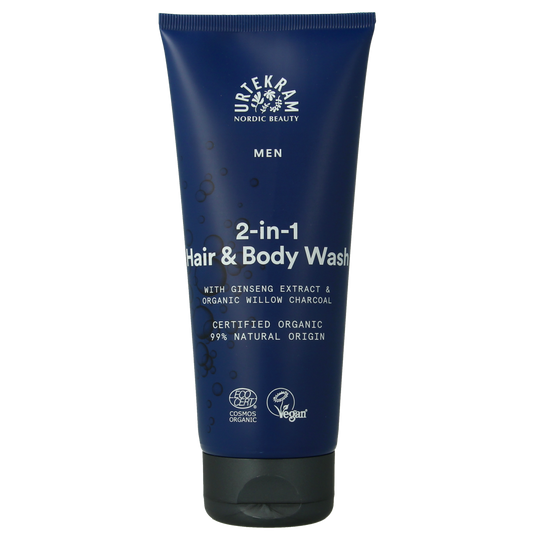 Urtekram Men hair and body wash 200ml bottle, natural hair care and body cleansing product for men.
