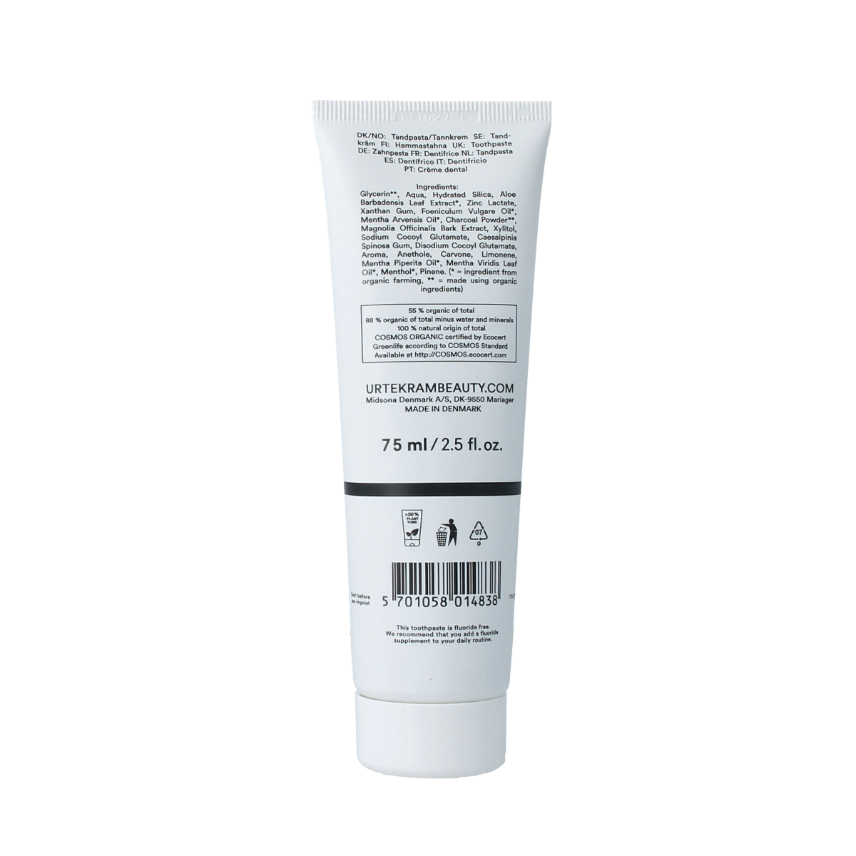 Urtekram Tandpasta actieve kool bio 75.00 Milliliter