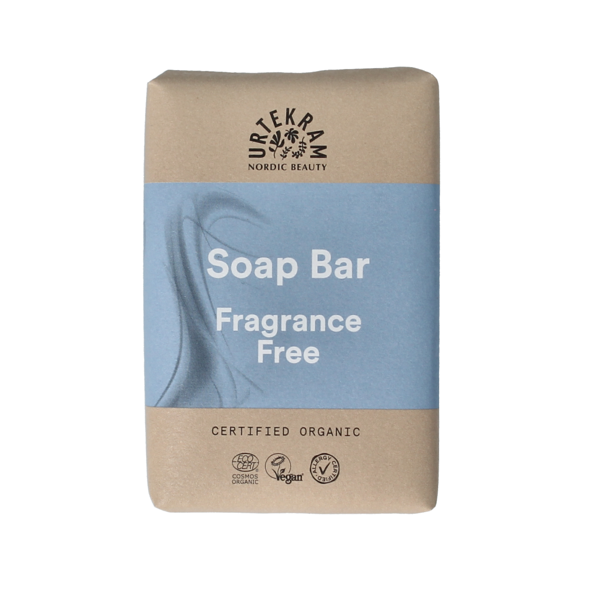 Urtekram fragrance-free organic soap for sensitive skin, 100g, with a clean, minimalist design and natural ingredients visible.