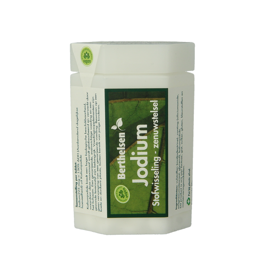 Berthelsen mineral Jodium Kaliumjodide 225mcg tablets, 180 count, in blister pack, showing the product packaging.