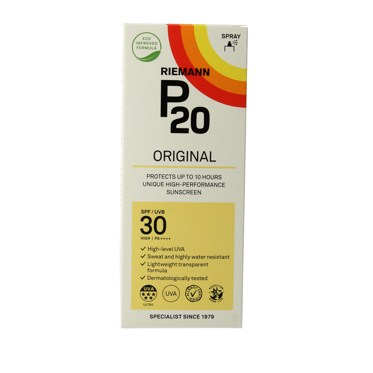P20 Original SPF30 sunscreen spray bottle, 175ml, with a pump dispenser and protective sun lotion for skin protection