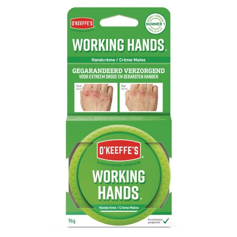 O'Keeffe's Handcreme for working hands, 96g jar, moisturizing hand care product with smooth cream texture.