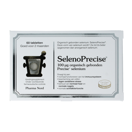 Pharma Nord SelenoPrecise 60-tablet bottle of selenium vitamin supplement with orange and white packaging.