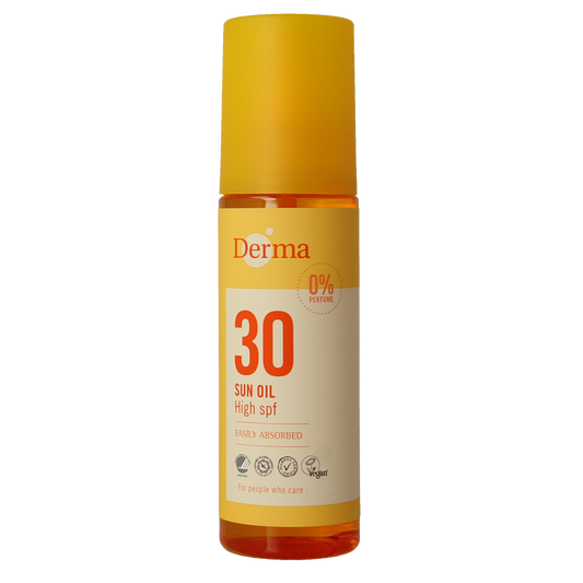 Derma Sun Oil SPF30 in 150ml bottle, featuring a golden liquid with a pump dispenser for sun protection.