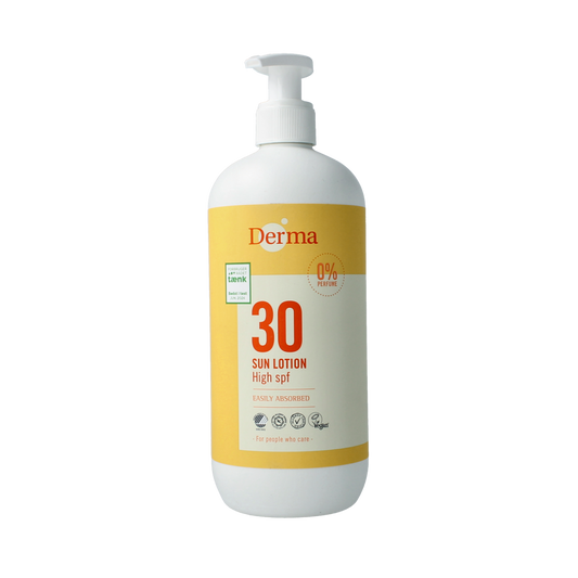 Derma Sun SPF30 lotion in 500ml bottle, showing the sunscreen product with packaging and branding for sun protection.