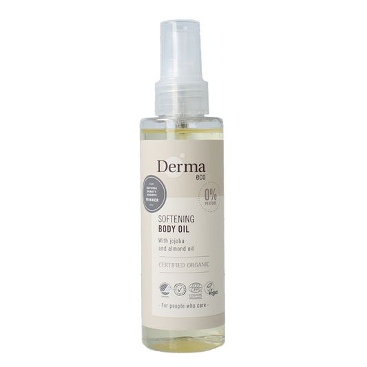 Derma Eco body oil 150ml bottle, natural skincare product for nourishing and moisturizing skin, with a sleek design.