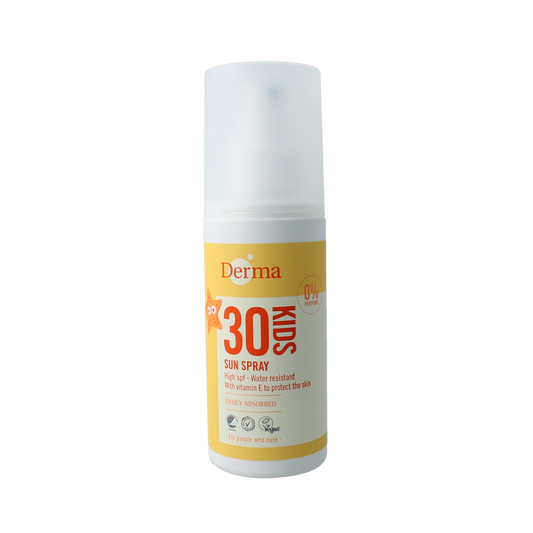 Derma Sun kids spray SPF30 in 200ml bottle, showing the sunscreen spray with label and pump for children’s sun protection