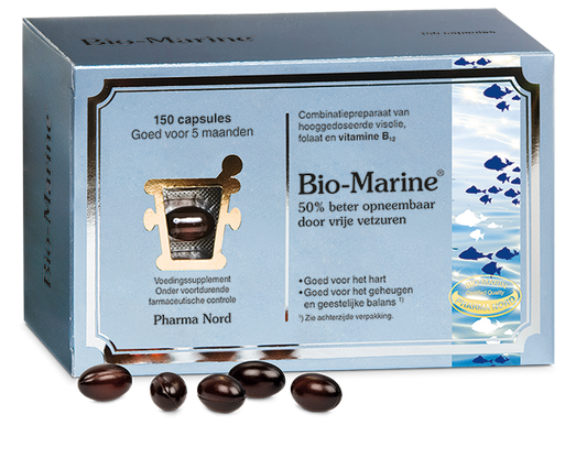 Pharma Nord Bio Marine 150 capsules of omega-3 fatty acids in a white bottle with blue label, showing capsules inside