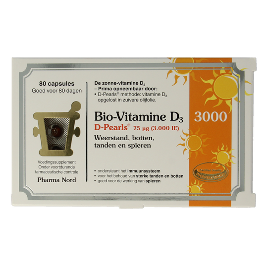 Pharma Nord Bio Vitamin D3 75mcg 3000IU capsules, natural supplement in a yellow bottle with capsules inside.