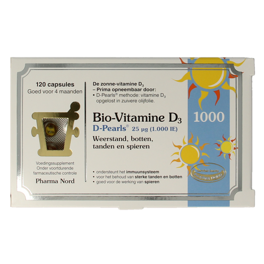 Pharma Nord Bio Vitamin D3 25mcg (1000 IU) capsules, dietary supplement with 120 capsules in a bottle.