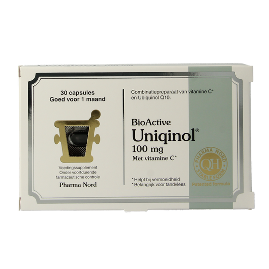 Pharma Nord Bio Active Uniquinol Q10 100 mg multi-vitamin capsules, showing a bottle with 30 capsules on the label.