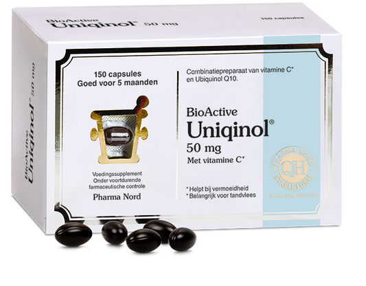 Pharma Nord Bio Active Uniquinol Q10 50mg capsules, vitamin supplement for energy and heart health, displayed in bottle.