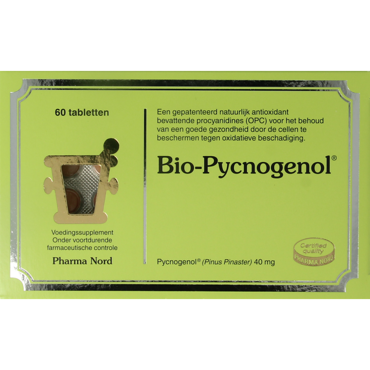 Pharma Nord Bio-Pycnogenol 60 tablets bottle, herbal supplement in blister pack, with label showing product details.