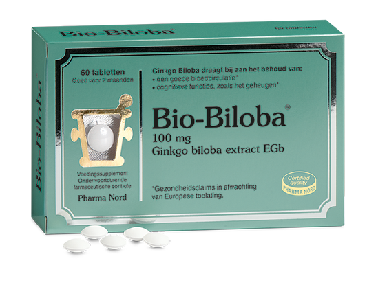 Pharma Nord Bio Biloba 60 tablets in a blister pack, herbal supplement for cognitive support and circulation.