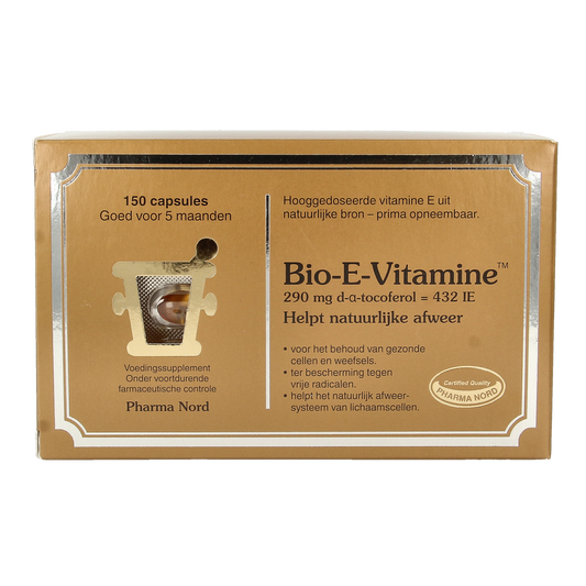 Pharma Nord Bio E Vitamin 150,000 capsules, close-up of the supplement bottle with capsules inside on a white background.