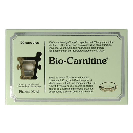 Pharma Nord Bio Carnitine 100 capsules, dietary supplement with amino acids, displayed in a clear bottle on a white background.