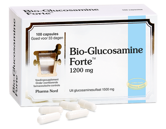 Pharma Nord Bio Glucosamine Forte 100 capsules, mineral supplement with capsules shown in blister pack.