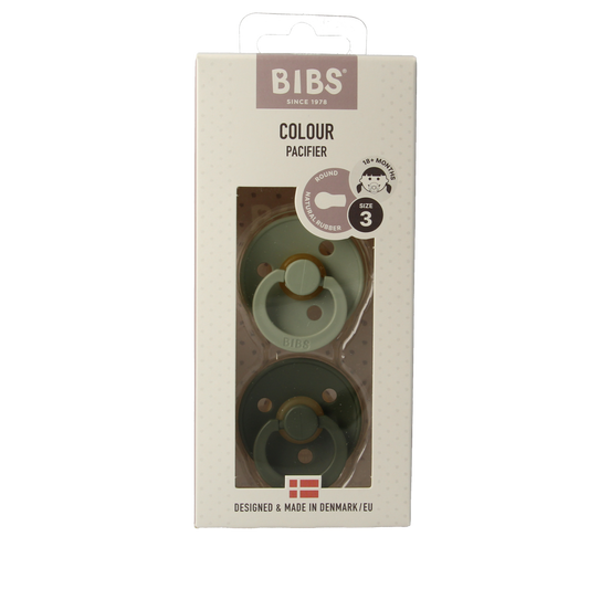Bibs Fopspeen maat 3 in sage and hunter green, 2-pack, baby pacifiers for ages 3 months and up, displayed in a box.