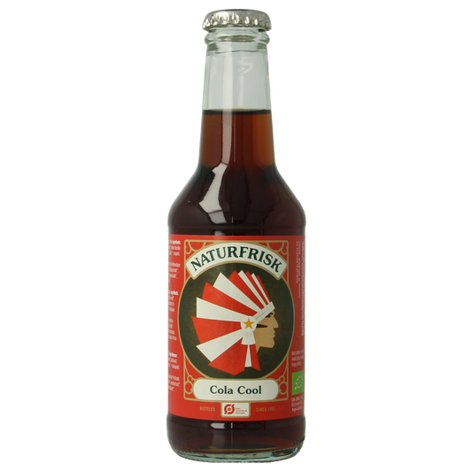 Naturfrisk Cola bio 250ml bottle, organic beverage with dark cola liquid and label, natural drink from Naturfrisk.