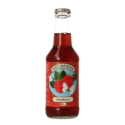 Naturfrisk Raspberry bio drink in a 250ml bottle, showcasing fresh raspberry juice in a clear glass with raspberries around it.