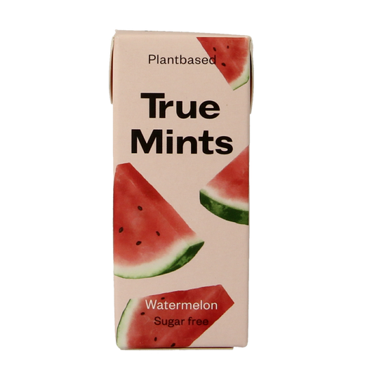 True Mints Watermelon sugar-free candy, 13 grams, showing colorful watermelon-flavored mints in a clear package.