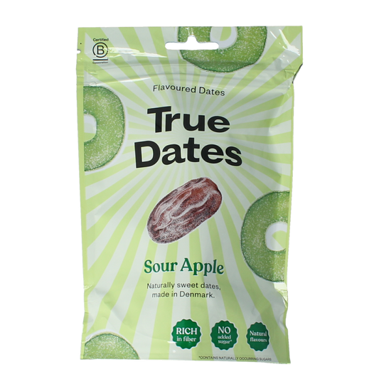 True Dates sour apple flavor, 100g, showing fresh sour apple-flavored dates in a clear package.