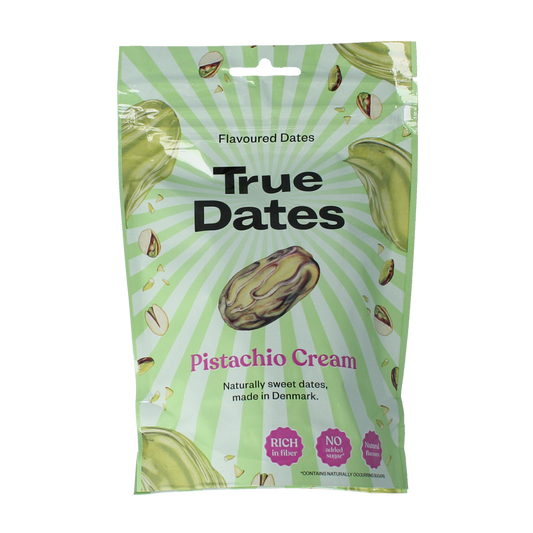 True Dates pistachio cream in 100g jar, a creamy spread made from dates and pistachios, shown in a close-up image.