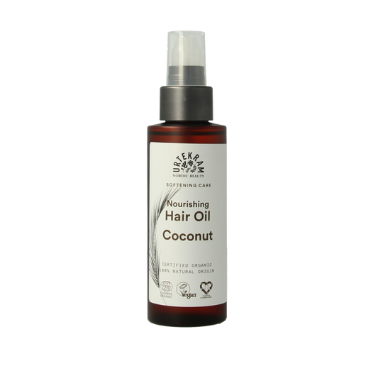 Urtekram kokosnoot Haarverzorging haarolie in 100ml bottle, showing natural coconut hair oil with a clear label and pump dispenser.