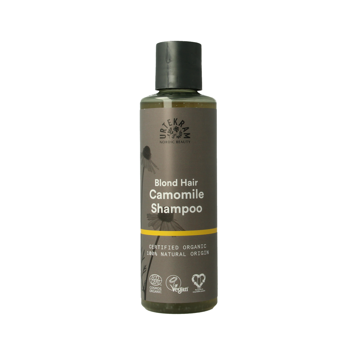 Urtekram Kamille Shampoo bottle for hair care, 250ml, with a light-colored label and natural botanical design.