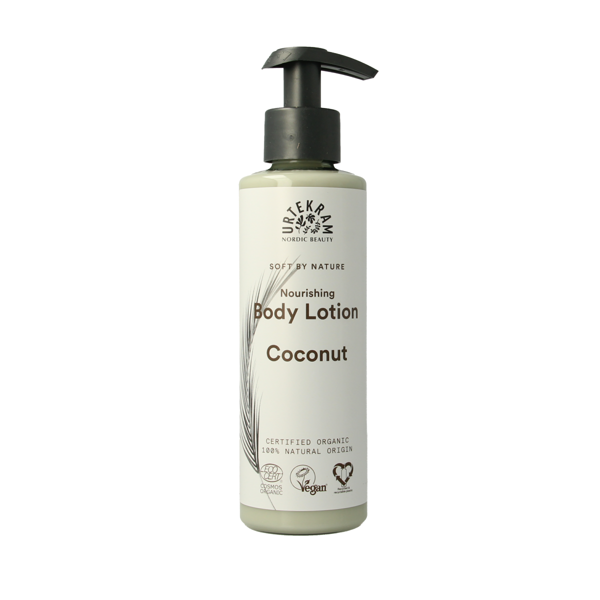 Urtekram Kokosnoot bodylotion 245ml in a white pump bottle, featuring coconut scent and natural body care ingredients.