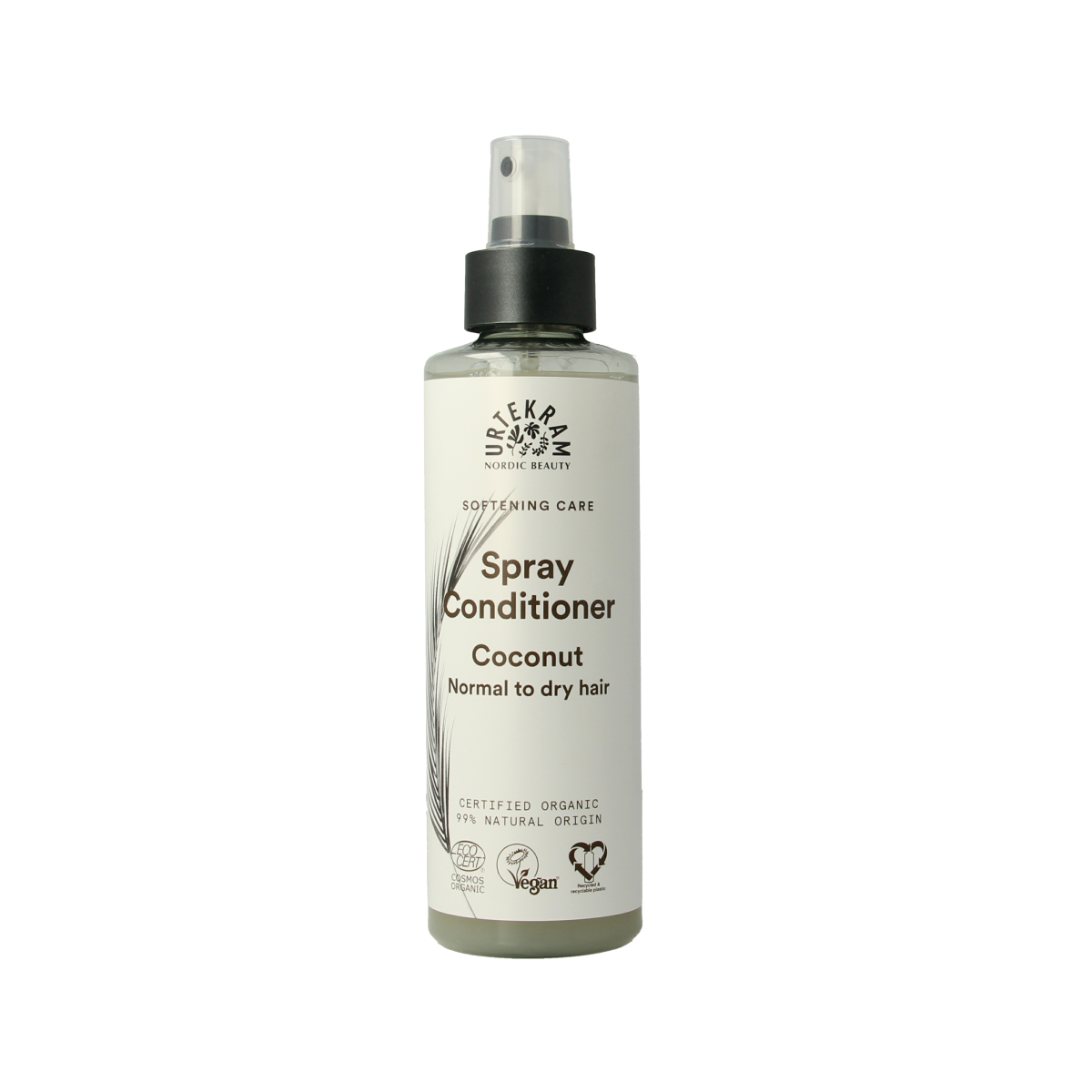 Urtekram coconut conditioner spray for hair, 250ml, with a white bottle and pump dispenser, showcasing natural hair care.