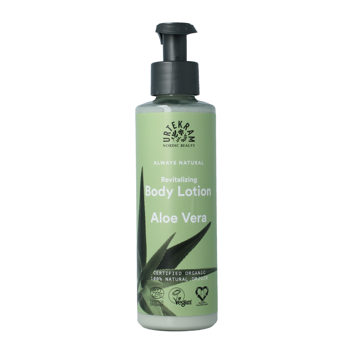 Urtekram Aloe Vera body lotion in 245ml bottle, moisturizing body care with aloe vera for smooth, hydrated skin.