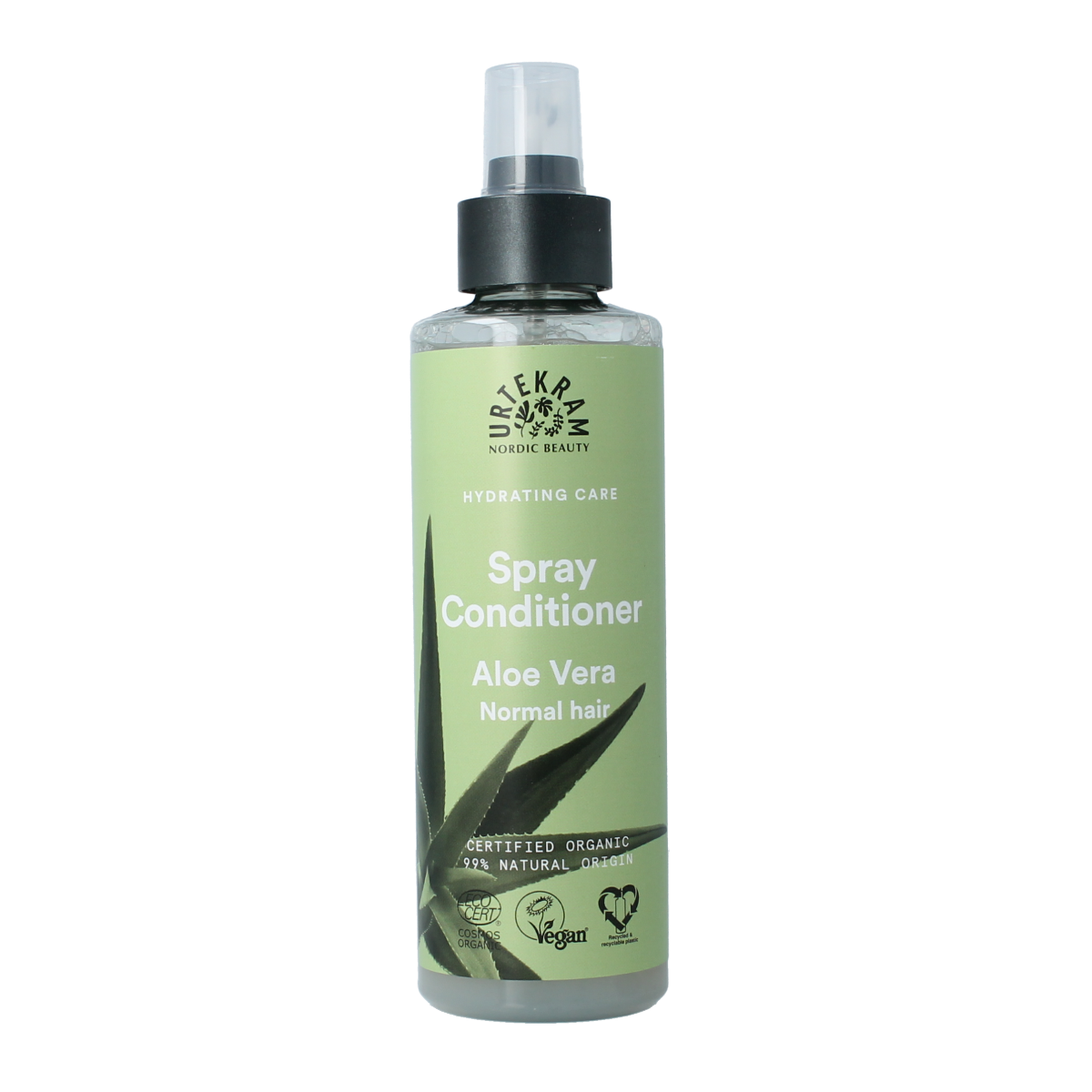 Urtekram Aloe Vera Conditioner spray for hair care, 250ml bottle with a green label and natural aloe vera ingredients.
