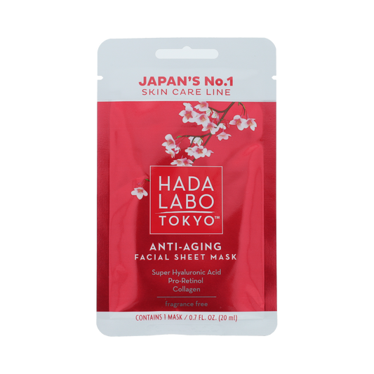 Hada Labo Tokyo anti-aging sheet mask sachet, facial skincare product in a 20ml packet, designed to nourish and hydrate skin