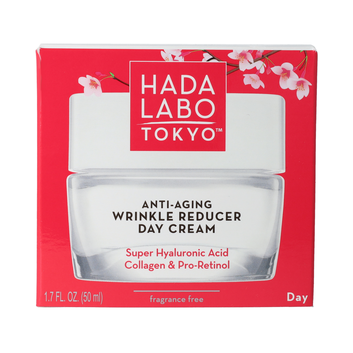 Hada Labo Tokyo Day Cream Anti-Aging for face, 50ml, with wrinkle reduction, in a white jar with a blue lid.