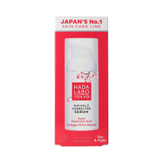Hada Labo Tokyo Wrinkle Corrector Serum 30ml bottle, facial skincare product with clear packaging and applicator cap.