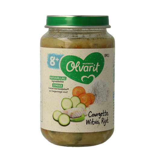 Olvarit baby food jar with courgette, witvis, and rice, 200g, suitable for babies and toddlers, showing the product label.