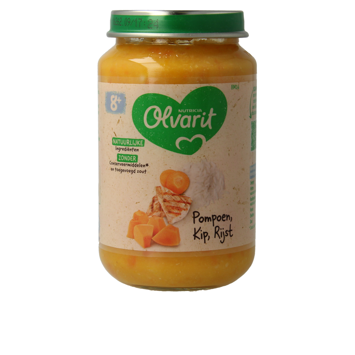 Olvarit baby food with pumpkin, chicken, and rice in a 200g jar, suitable for infants and toddlers.