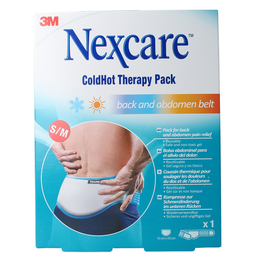 Nexcare cold hot belt rug buik kruiken in S/M size, showing the flexible, soft heating and cooling pack for abdominal relief.
