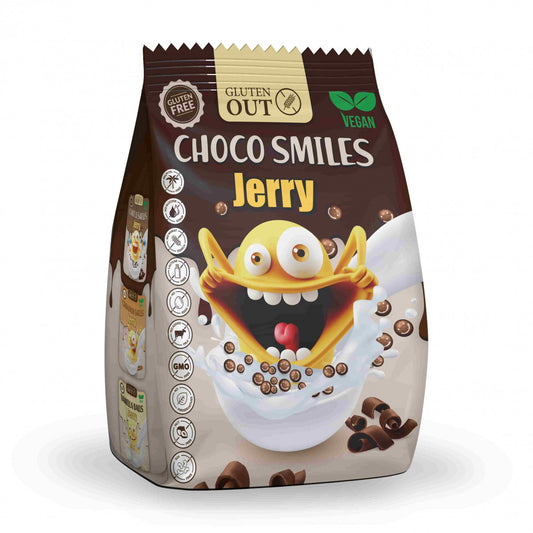 Gluten Out Jerry Choco Smiles gluten-free breakfast cereal in a 375g box, featuring chocolate-flavored cereal pieces.