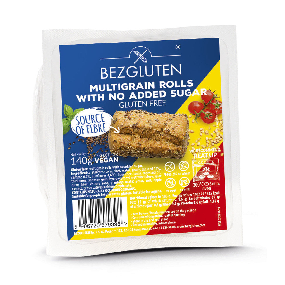 Bezgluten Mini meergranen vegan baguettes with added sugar, 140g, shown in a close-up image.